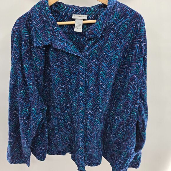 Catherines Blue Purple Corduroy Chevron Long Sleeved Button Down Top 3x 26/28 - Picture 1 of 10